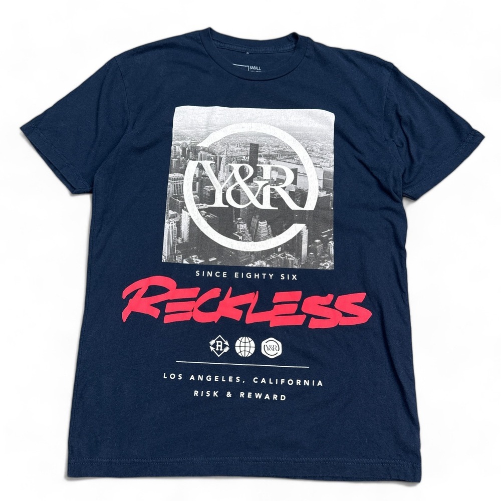 Young Reckless‎ YR T Shirt Mens Size Small Blue Big Print Logo Y2K Skater